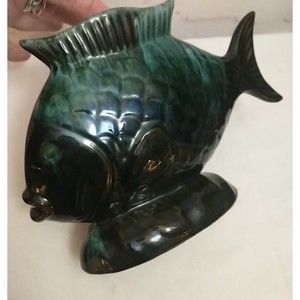 Vintage Blue Mountain Pottery Teal Blue Black  Fish Vase